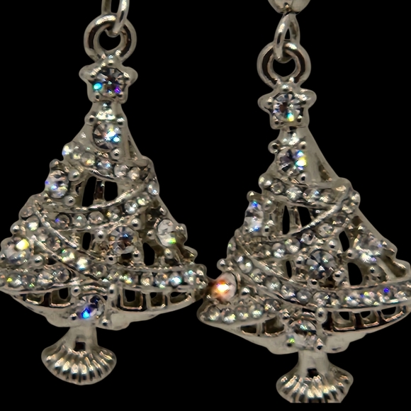 90s Vintage Silver Tone Crystal Encrusted Tree Drop Earrings Womens - Picture 3 of 5